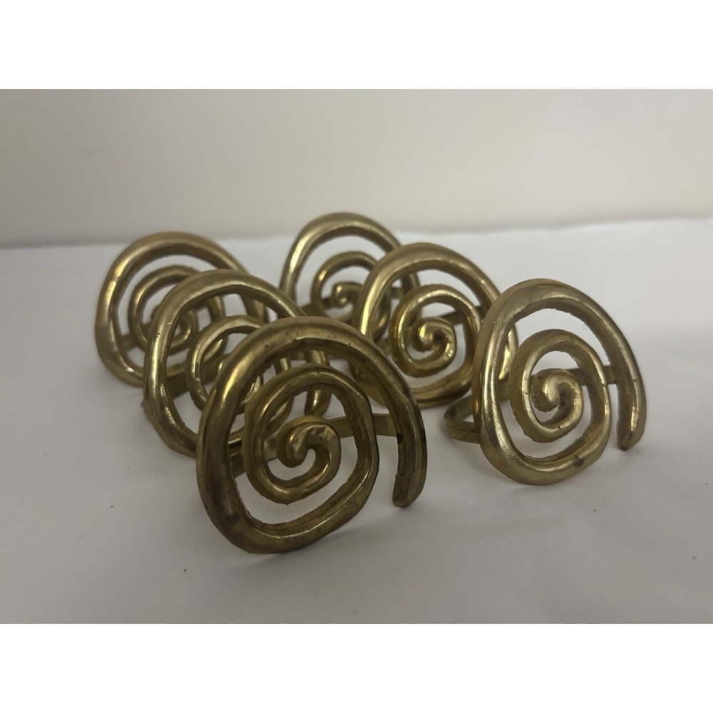 1970s 6 Solid Brass Swirl Napkin Rings Mid Century Modern Geometric Brutalist